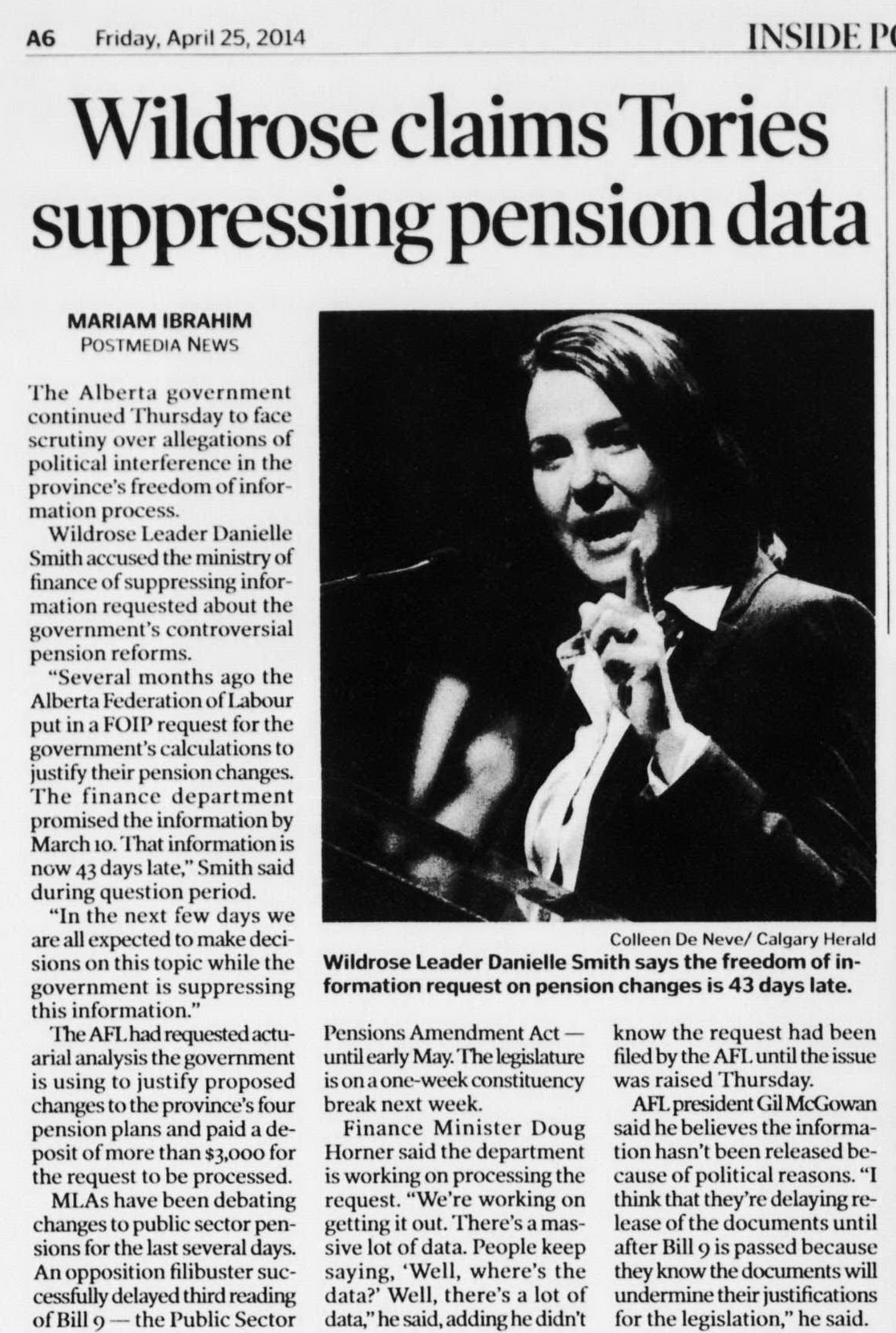 News headline: Wildrose claims Tories Suppressing pension data